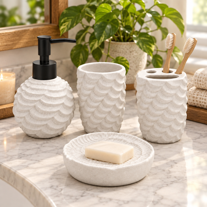 Ceramic Bathroom Set Scalloped Matte White (Set of 4 Pcs)