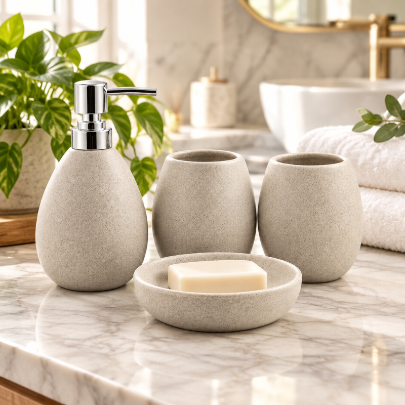 Ceramic Bathroom Set Speckled Beige (Set of 4 Pcs)