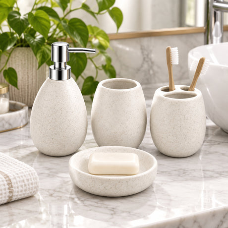 Ceramic Bathroom Set Speckled Off-White (Set of 4 Pcs) 