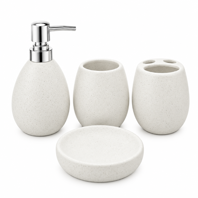 Ceramic Bathroom Set Speckled Off-White (Set of 4 Pcs) 