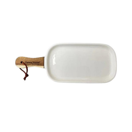 Ceramic Dish Plate With Wooden Handle 11"