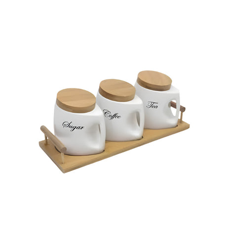 Ceramic Handle Jar With Wooden Tray White