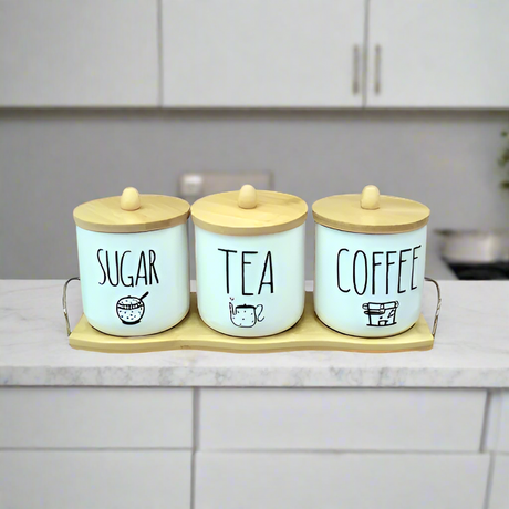 Ceramic Jar  Set of 3pcs With Wooden Lid Tray