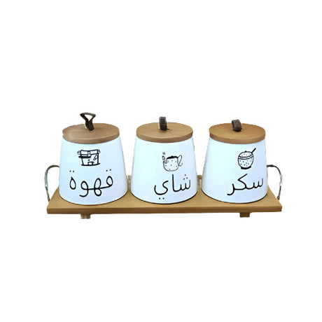 Ceramic Jar  Set of 3pcs With Wooden Lid Tray
