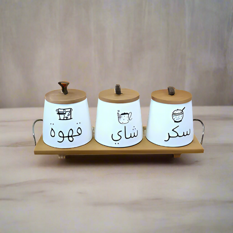 Ceramic Jar  Set of 3pcs With Wooden Lid Tray
