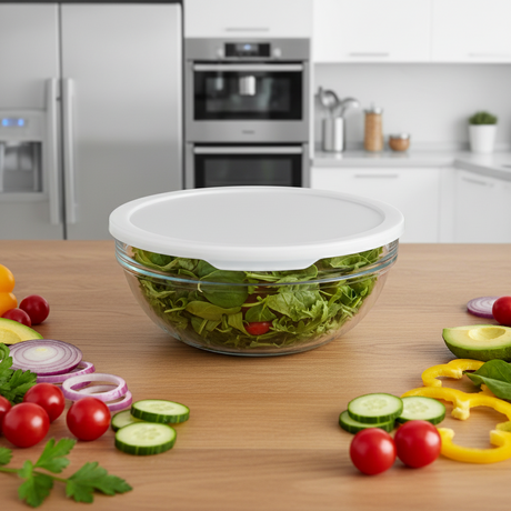 Glass Round Bowl With White Lid 1135ml