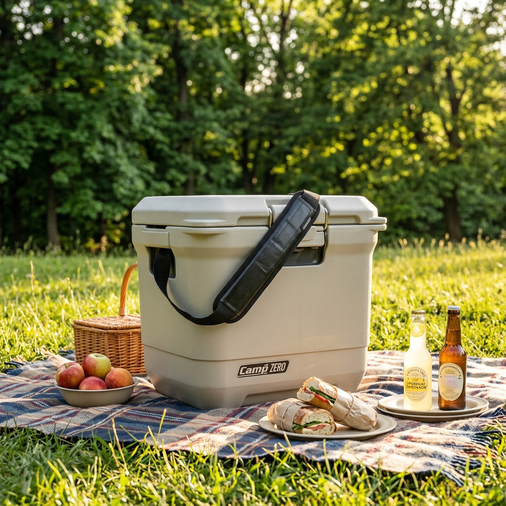 Tan Coleman cooler with black carry handle and latch, Camp Zero logo