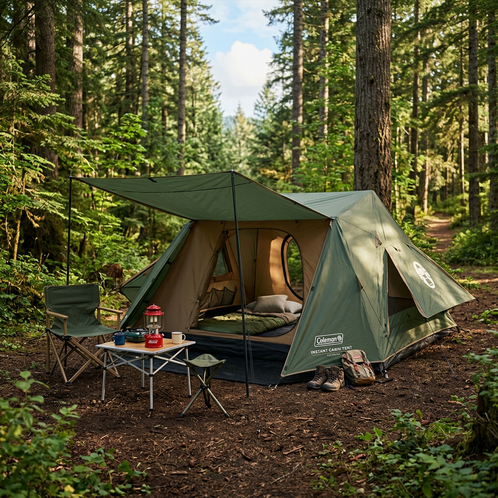3-person camping tent with dark green rainfly and open front door, tan interior