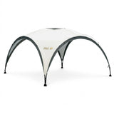 Large white event tent with curved dark frame and arched front doorway