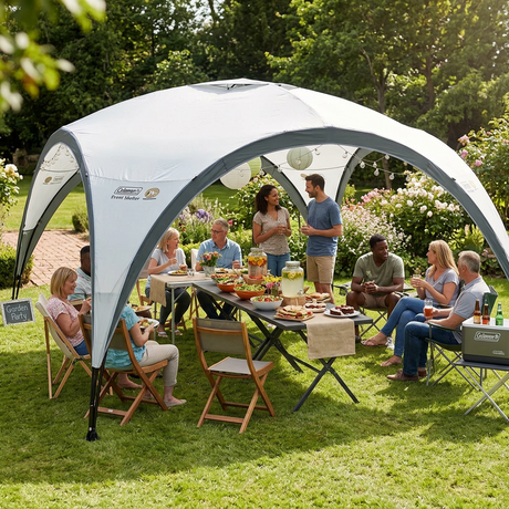 White dome-style event shelter tent with open front and dark support poles