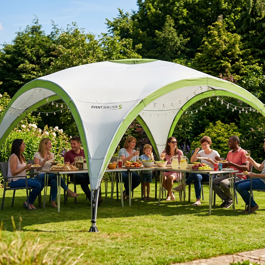 Coleman Event shelter tent with white canopy and green frame, open side viewing area