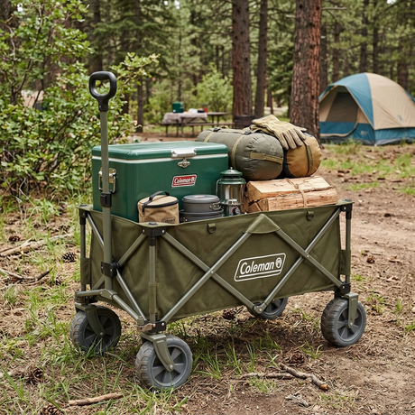 Coleman folding utility wagon with olive fabric panels, green lid, and four caster wheels