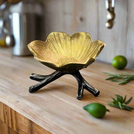 Damascus Flower Dish Antique Gold & Black Large