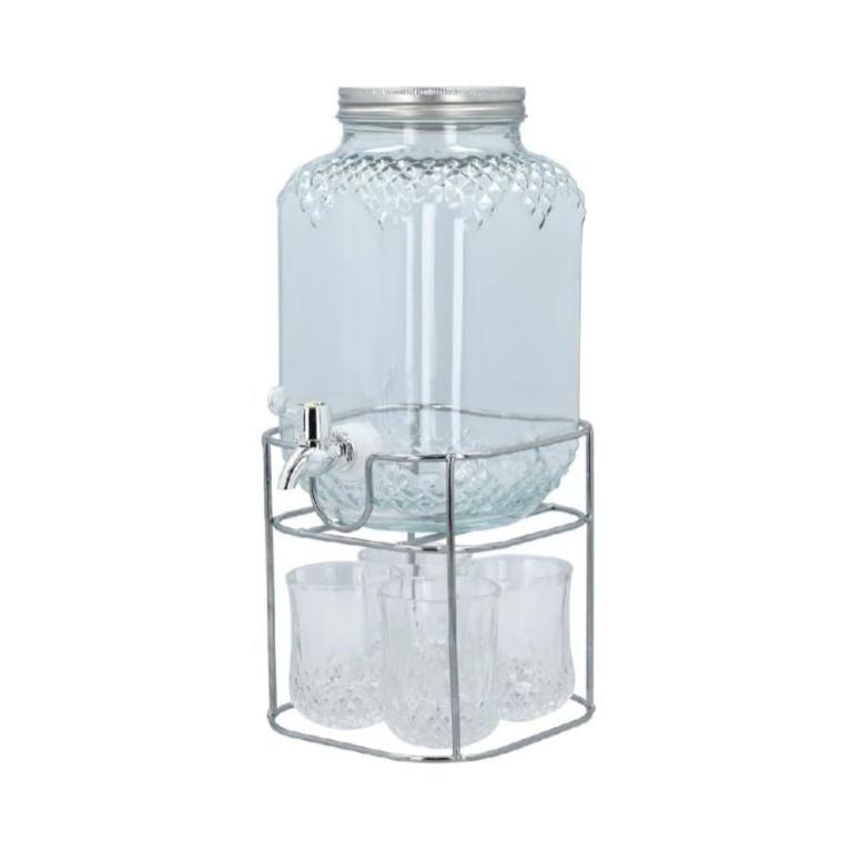 Glass Beverage Dispenser With Glass (Set of 4) & Stand