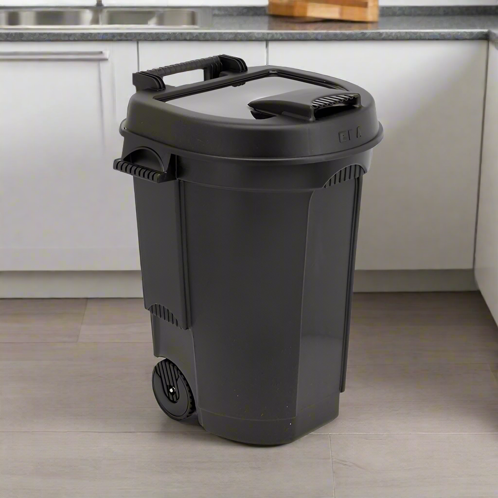 Dustbin With Lid On Wheels Black 110L