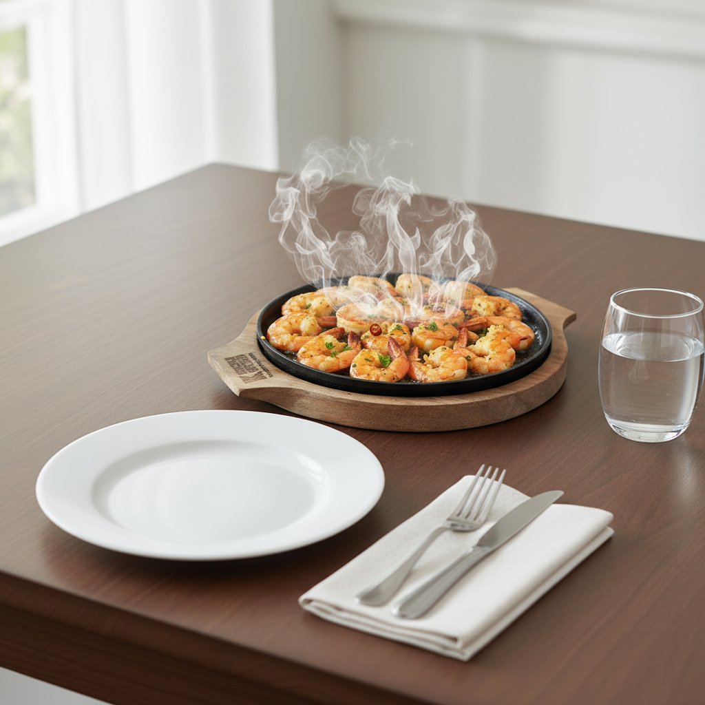 Cast Iron Sizzler 25cm Round With Wooden Base