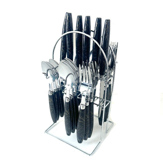 Stainless Steel Cutlery Sets Black With Stand Silver (Set of 24pcs)
