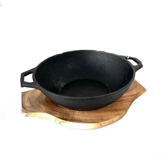 Cast Iron Wok 22cm With Wooden Lid & Base