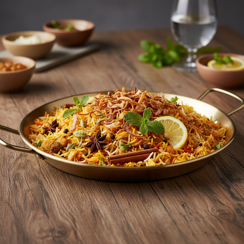 Gold 30cm serving plate with seafood rice dish