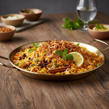 Gold 30cm serving plate with seafood rice dish