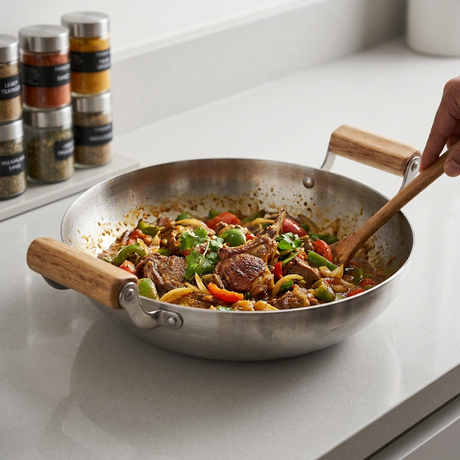 Stainless steel karahi pan with two wooden handles, holding cooked food