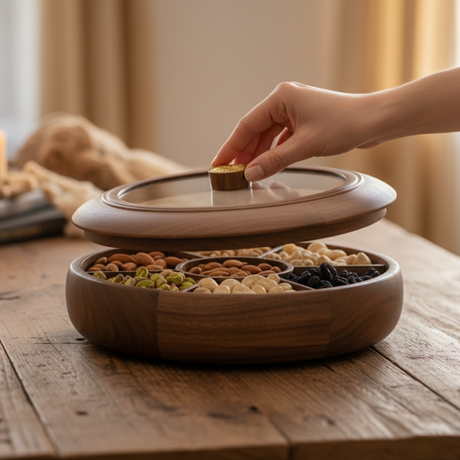 Wooden 9 Division Round Serving Dry Fruit Dish with Lid