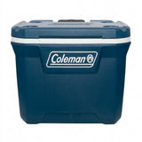 Coleman wheeled cooler in dark blue with hinged lid and front logo.