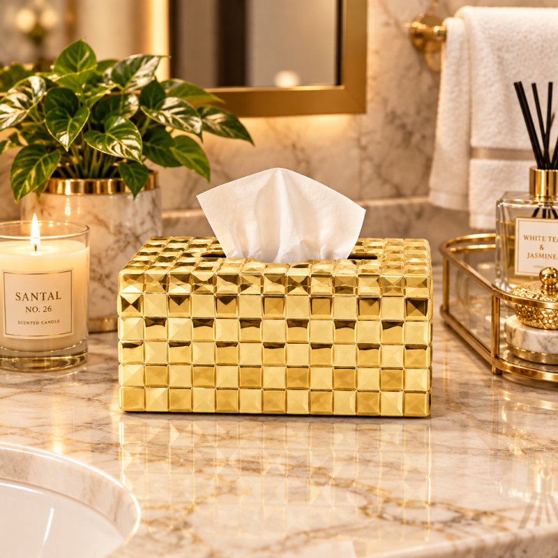 Rectangular Tissue Box Checkered Gold