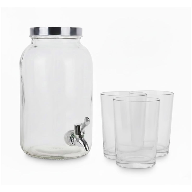 Glass Beverage Dispenser 3L With Four Mugs 390ml