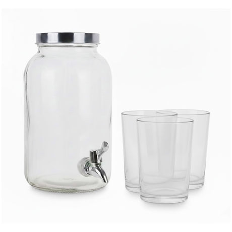 Glass Beverage Dispenser 3L With Four Mugs 390ml