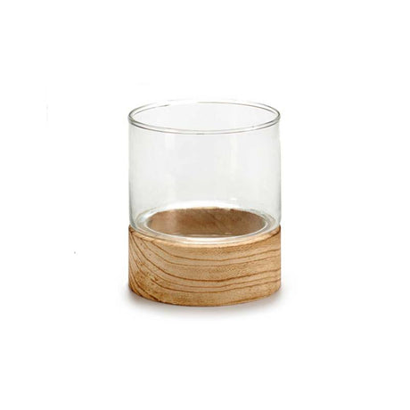 Glass Candleholder Wood Base Orbed Small