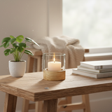 Glass Candleholder Wood Base Orbed Small