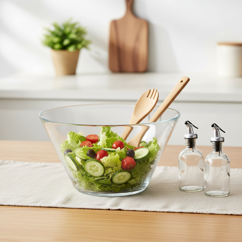 Glass Salad Bowl With Wood Spoons & Cruets Set of 5pcs