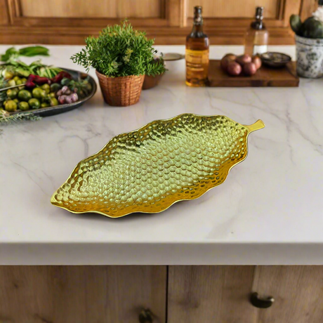 Hammered Leaf Long Serving Tray Antique Gold Large
