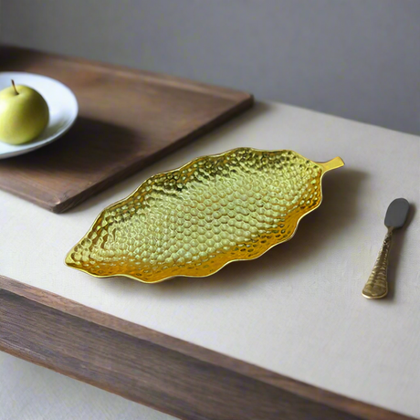 Hammered Leaf Long Serving Tray Antique Gold Small