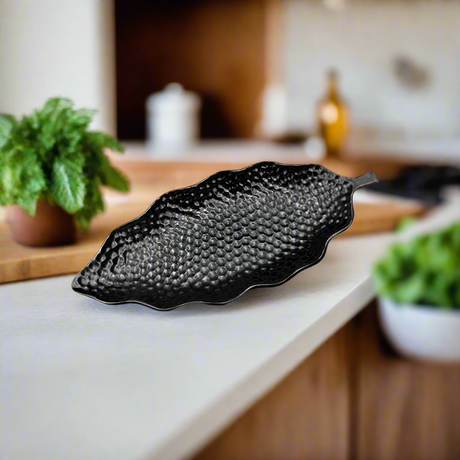 Hammered Leaf Long Serving Tray Black Large