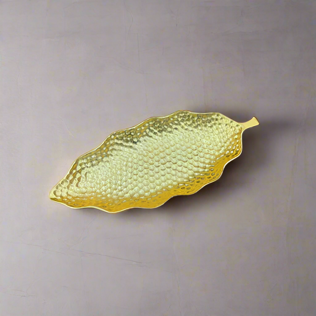 Hammered Leaf Long Serving Tray Gold Large