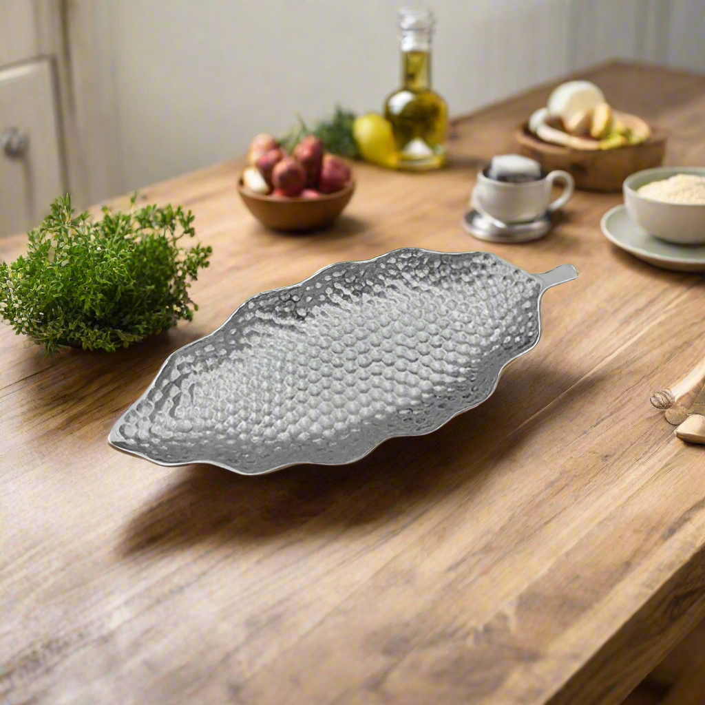 Hammered Leaf Long Serving Tray Silver Large