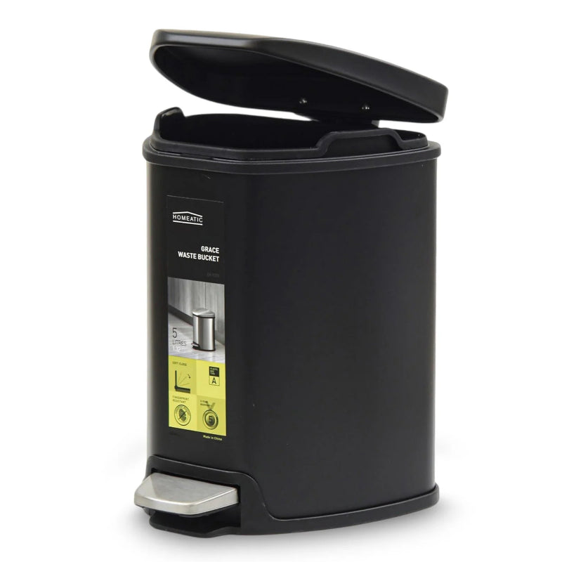 Homeatic Stainless Steel Soft Close Pedal Bin 5L Black