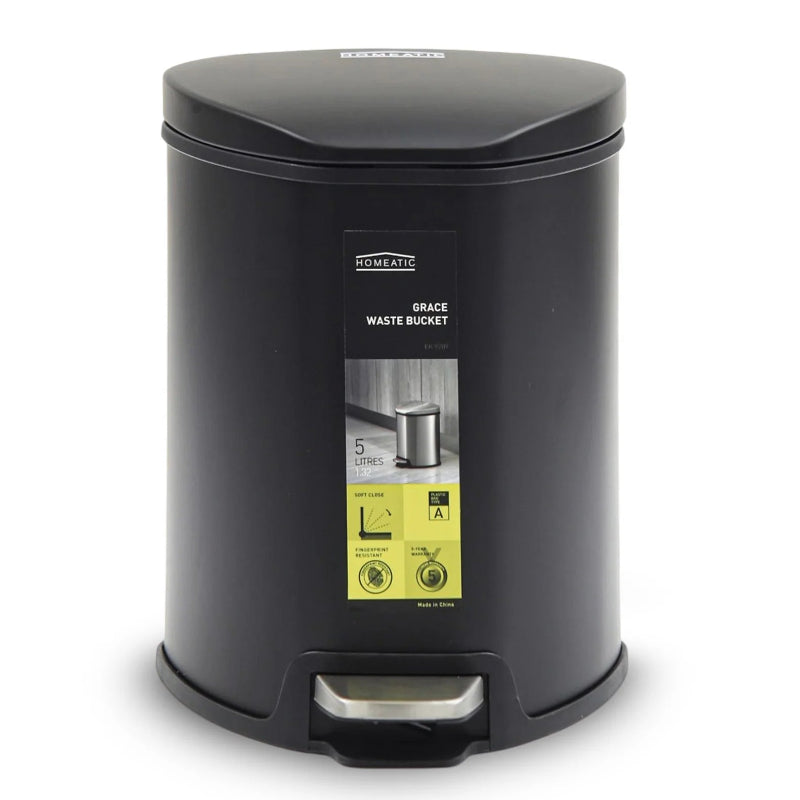Homeatic Stainless Steel Soft Close Pedal Bin 5L Black