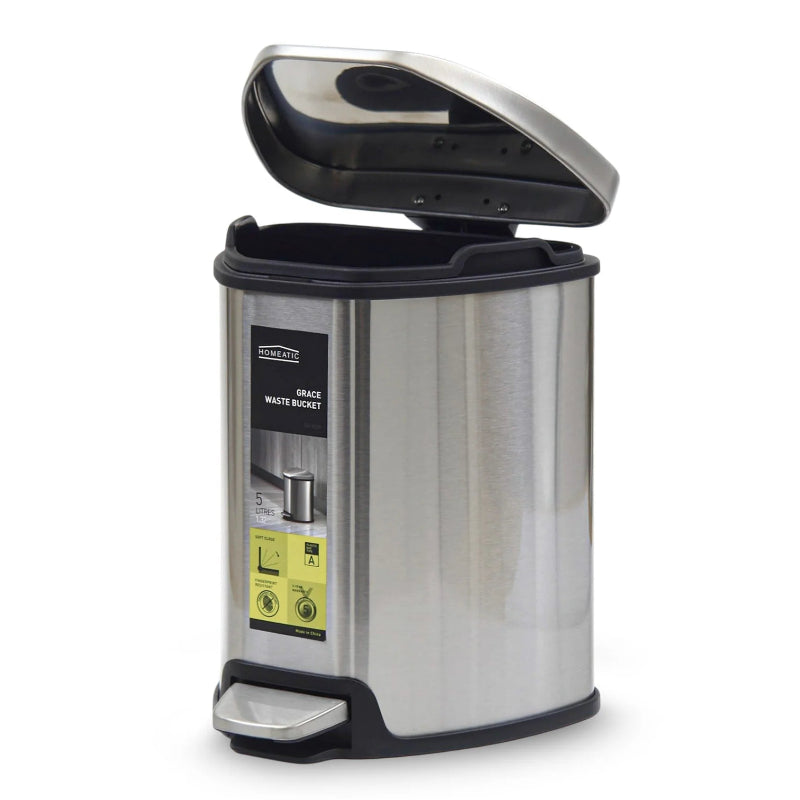 Homeatic Stainless Steel Soft Close Pedal Bin 5L Silver