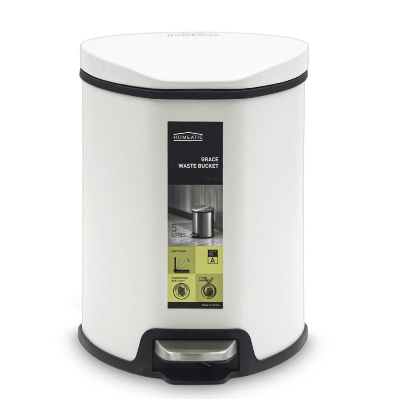Homeatic Stainless Steel Soft Close Pedal Bin 5L White