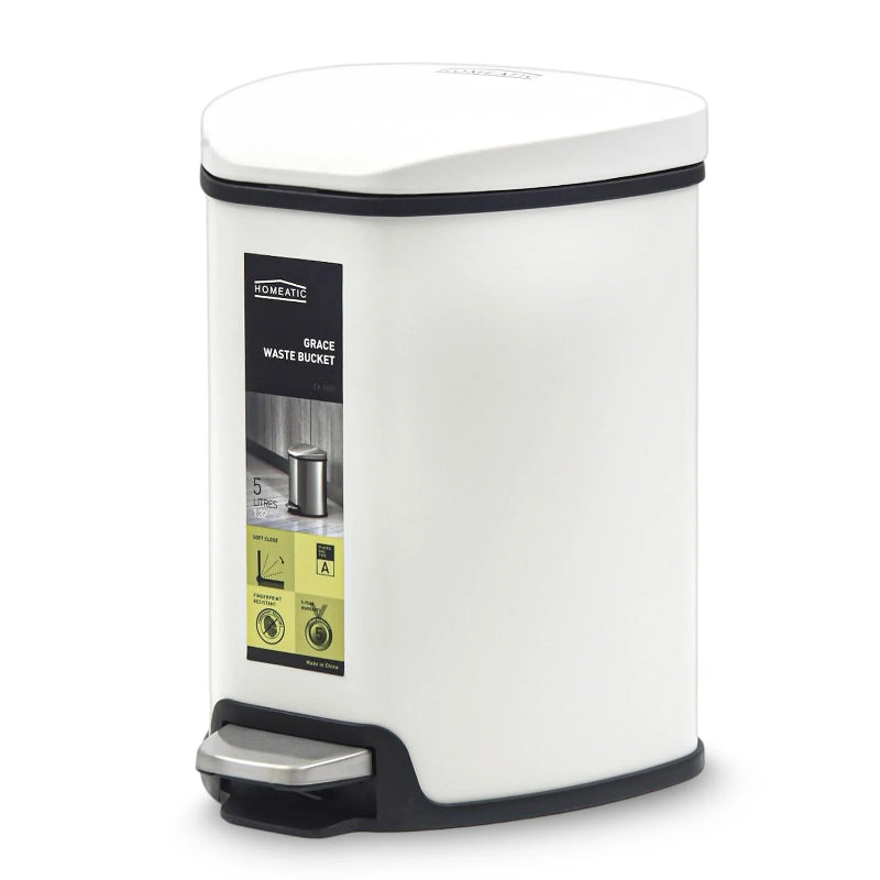 Homeatic Stainless Steel Soft Close Pedal Bin 5L White