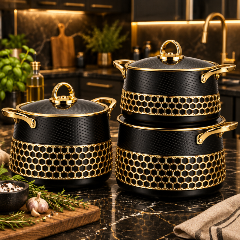 Hotpot Casserole Set Black Marble &amp; Gold 