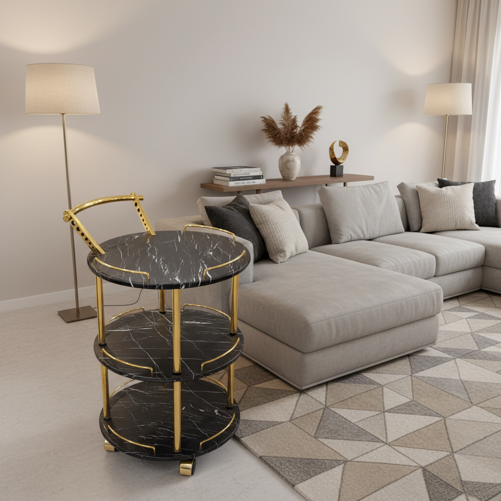 EuroGold Kitchen Tea Trolley Round Black Marble Finish