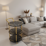 EuroGold Kitchen Tea Trolley Round Black Marble Finish