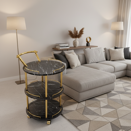 EuroGold Kitchen Tea Trolley Round Black Marble Finish
