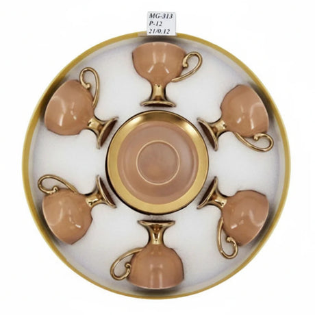 Ceramic Cup & Saucer Set Brown & Gold (Set of 6)