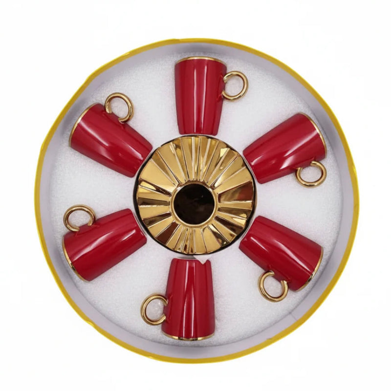 Ceramic Cup & Saucer Set Red & Gold (Set of 6)