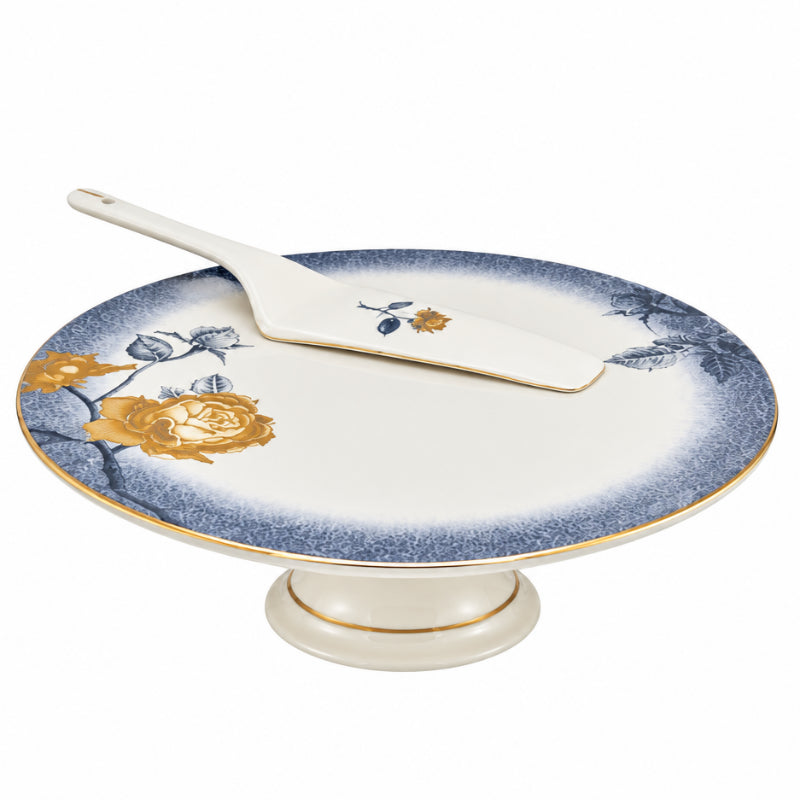 Floral Cake Stand With Lifter White/Blue